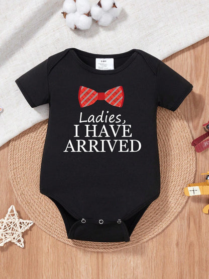 Baby Boy Slogan And Bow Tie Printed Short Sleeve Bodysuit