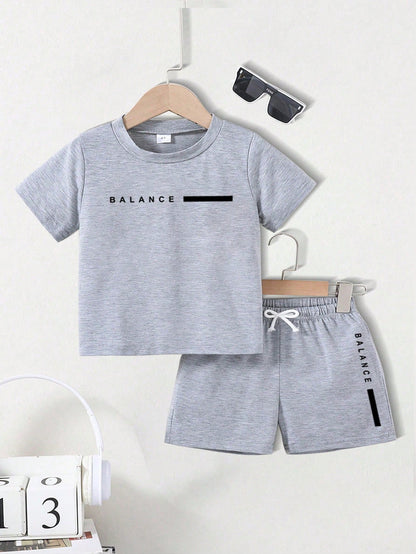 Baby Boy Summer Casual Letter Print Round Neck Short Sleeve T-Shirt And Shorts Set
