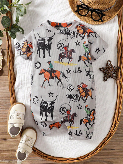 Baby Boys Casual Print Crew Neck Short Sleeve Romper, Summer