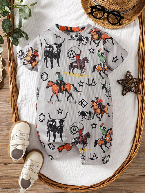 Baby Boys Casual Print Crew Neck Short Sleeve Romper, Summer