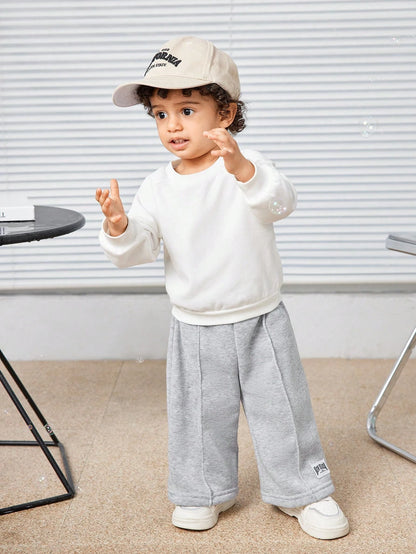 Baby Boys Letter Printed Thermal Lined Sweatpants, Casual & Loose Fit, Suitable For Commuting, School, Travel, Daily Wear & Sports, Autumn/Winter