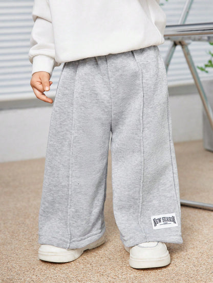 Baby Boys Letter Printed Thermal Lined Sweatpants, Casual & Loose Fit, Suitable For Commuting, School, Travel, Daily Wear & Sports, Autumn/Winter