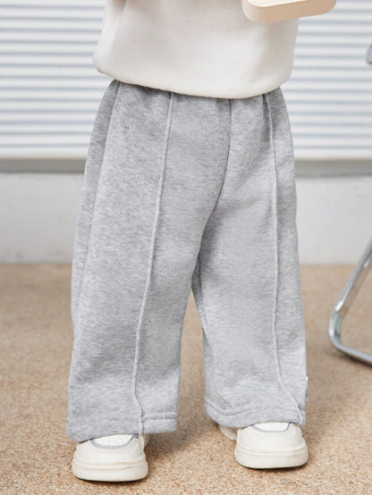 Baby Boys Letter Printed Thermal Lined Sweatpants, Casual & Loose Fit, Suitable For Commuting, School, Travel, Daily Wear & Sports, Autumn/Winter