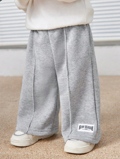 Baby Boys Letter Printed Thermal Lined Sweatpants, Casual & Loose Fit, Suitable For Commuting, School, Travel, Daily Wear & Sports, Autumn/Winter