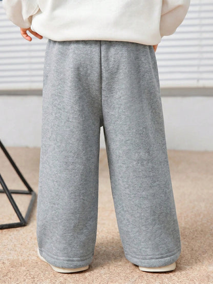 Baby Boys Letter Printed Thermal Lined Sweatpants, Casual & Loose Fit, Suitable For Commuting, School, Travel, Daily Wear & Sports, Autumn/Winter