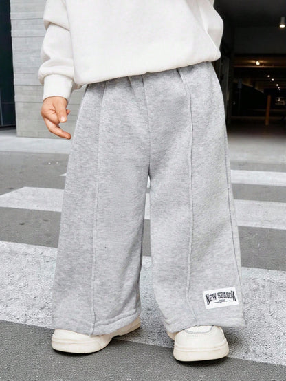 Baby Boys Letter Printed Thermal Lined Sweatpants, Casual & Loose Fit, Suitable For Commuting, School, Travel, Daily Wear & Sports, Autumn/Winter