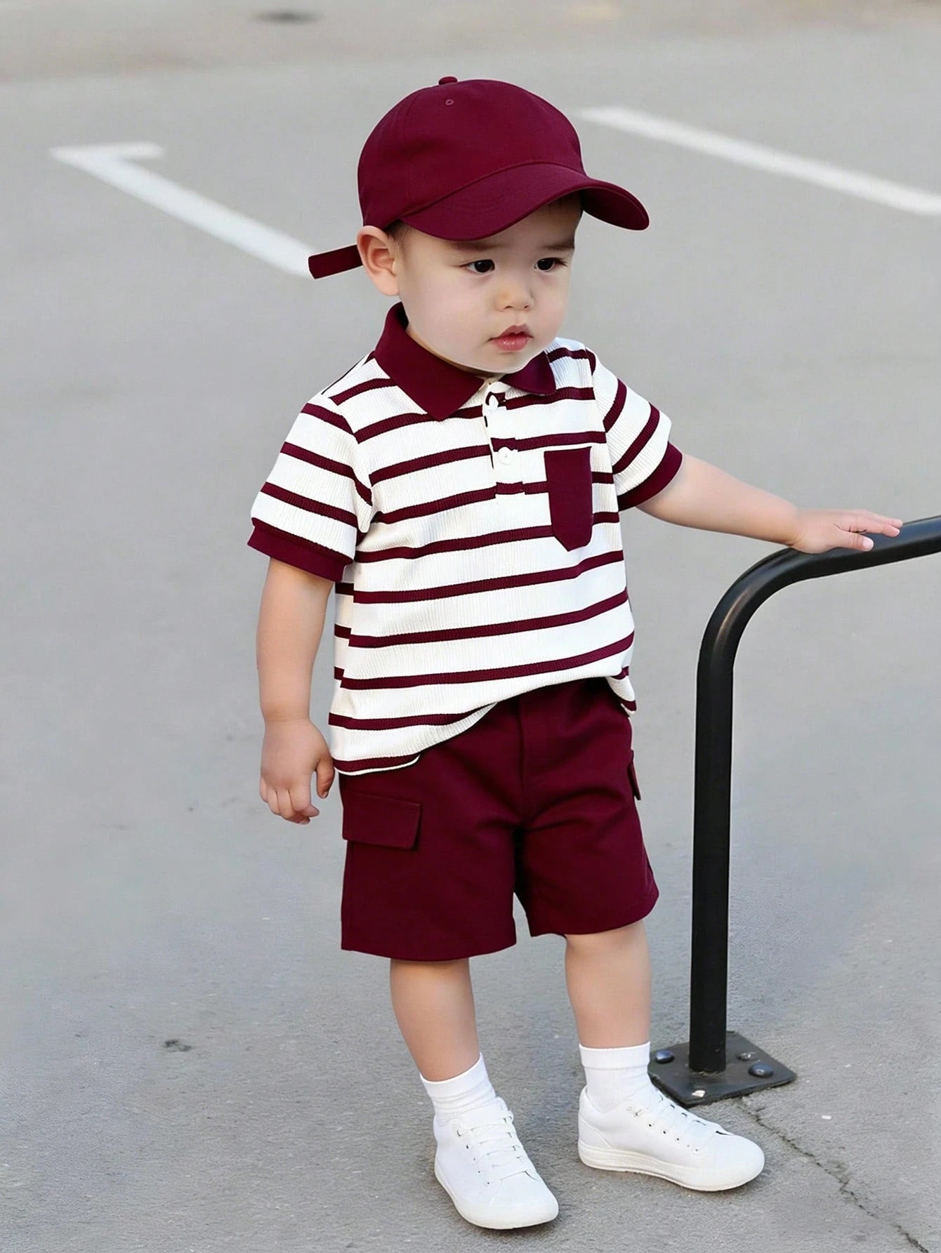 Baby Boys Summer New Striped Pocket Short Sleeve Polo Shirt + Casual Solid Color Shorts Set, Suitable For Beach, Leisure And Holiday