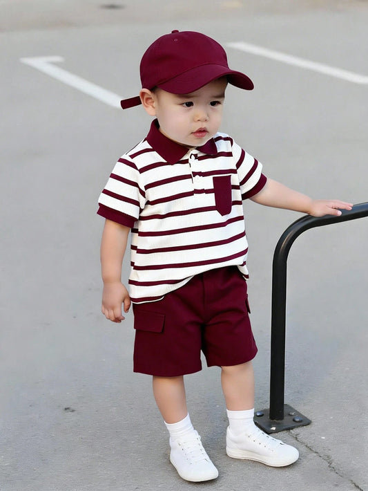 Baby Boys Summer New Striped Pocket Short Sleeve Polo Shirt + Casual Solid Color Shorts Set, Suitable For Beach, Leisure And Holiday