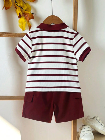 Baby Boys Summer New Striped Pocket Short Sleeve Polo Shirt + Casual Solid Color Shorts Set, Suitable For Beach, Leisure And Holiday