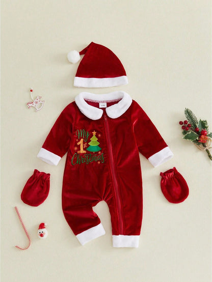 Baby Christmas Letter Tree Embroidery Furry Trim Zip Front Romper Set- Long Sleeve With Hat Gloves For Party Fall Daily