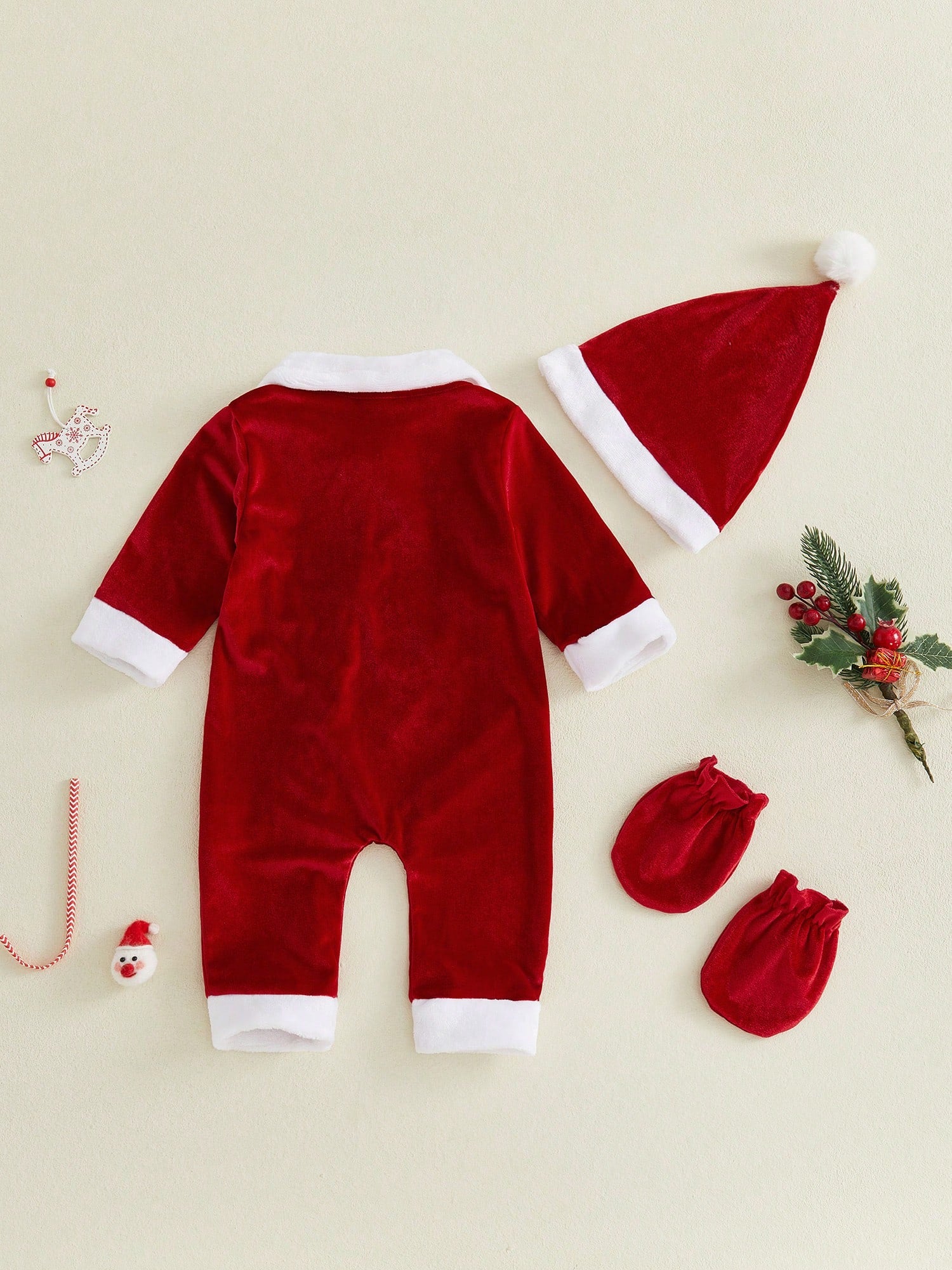 Baby Christmas Letter Tree Embroidery Furry Trim Zip Front Romper Set- Long Sleeve With Hat Gloves For Party Fall Daily