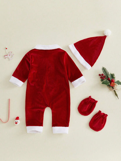 Baby Christmas Letter Tree Embroidery Furry Trim Zip Front Romper Set- Long Sleeve With Hat Gloves For Party Fall Daily
