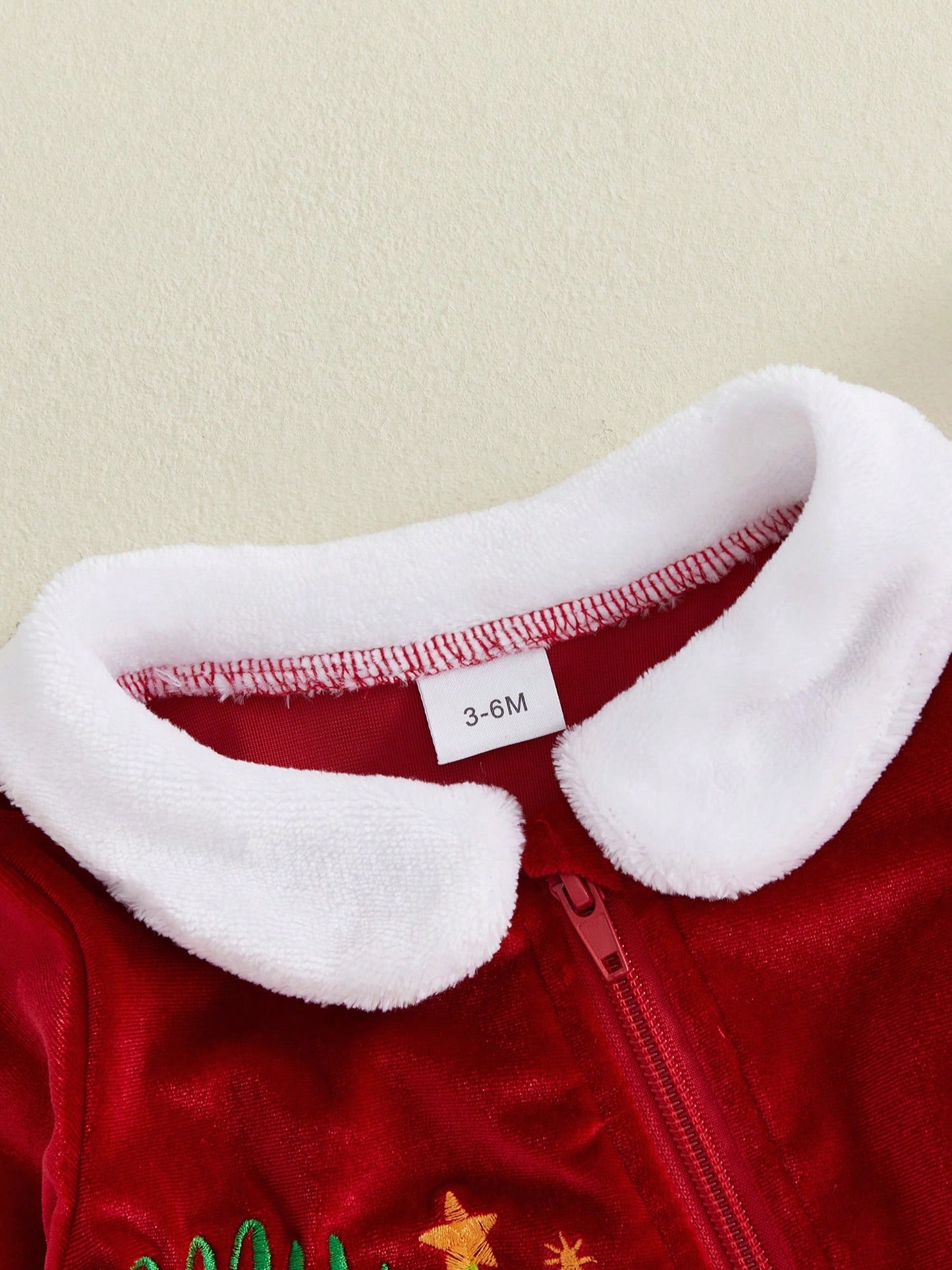 Baby Christmas Letter Tree Embroidery Furry Trim Zip Front Romper Set- Long Sleeve With Hat Gloves For Party Fall Daily