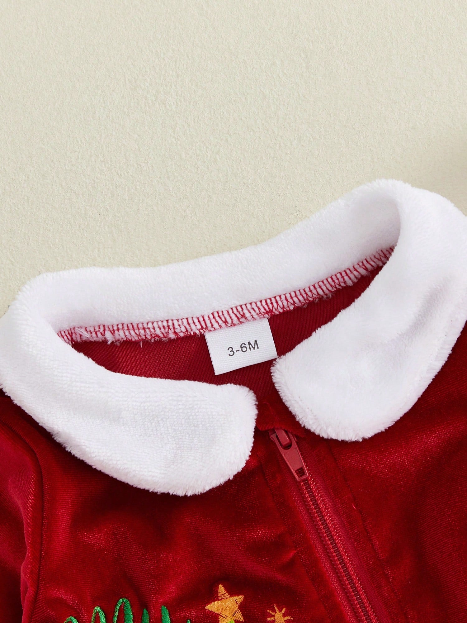 Baby Christmas Letter Tree Embroidery Furry Trim Zip Front Romper Set- Long Sleeve With Hat Gloves For Party Fall Daily
