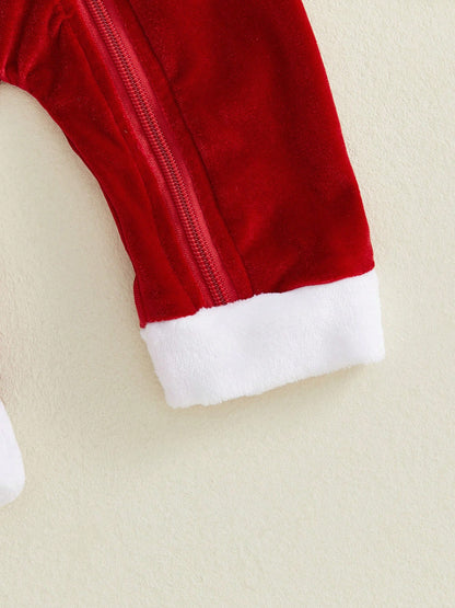 Baby Christmas Letter Tree Embroidery Furry Trim Zip Front Romper Set- Long Sleeve With Hat Gloves For Party Fall Daily
