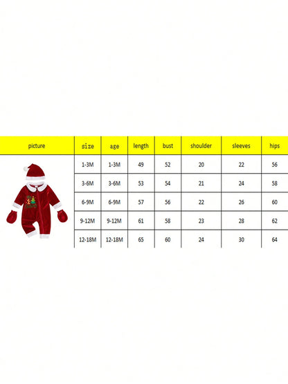 Baby Christmas Letter Tree Embroidery Furry Trim Zip Front Romper Set- Long Sleeve With Hat Gloves For Party Fall Daily