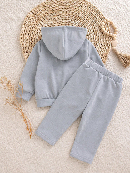 Baby Girl 0-3 Years Grey 2pcs Autumn/Winter Casual Bowknot Print Long Sleeve Hooded Sweatshirt & Sweatpants Set, Fashionable Casual, Sweet Suitable For Outings, School And Multiple Occasions