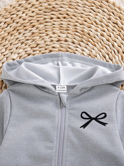 Baby Girl 0-3 Years Grey 2pcs Autumn/Winter Casual Bowknot Print Long Sleeve Hooded Sweatshirt & Sweatpants Set, Fashionable Casual, Sweet Suitable For Outings, School And Multiple Occasions