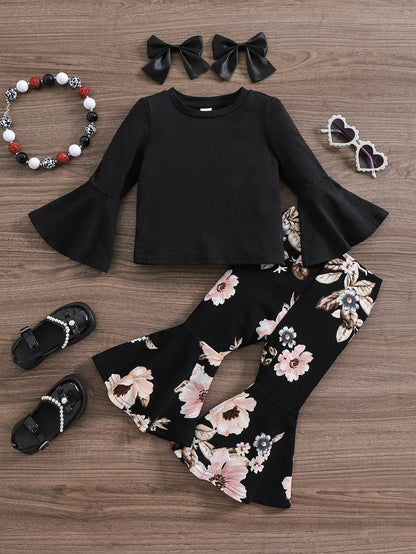 Baby Girl Bell Sleeve Long Sleeve Top With Flared Floral Pants 2 Pieces Set Black Baby Girls Sets
