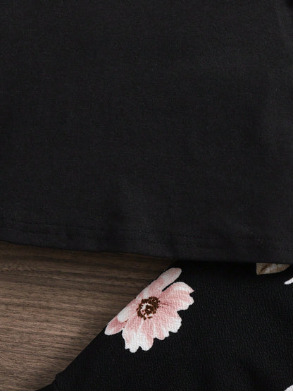 Baby Girl Bell Sleeve Long Sleeve Top With Flared Floral Pants 2 Pieces Set Black Baby Girls Sets
