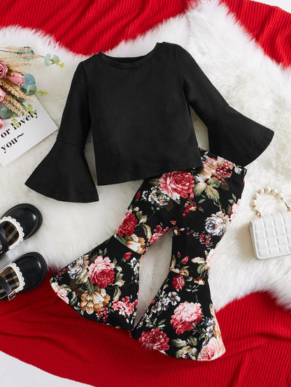 Baby Girl Bell Sleeve Long Sleeve Top With Flared Floral Pants 2 Pieces Set Black Baby Girls Sets