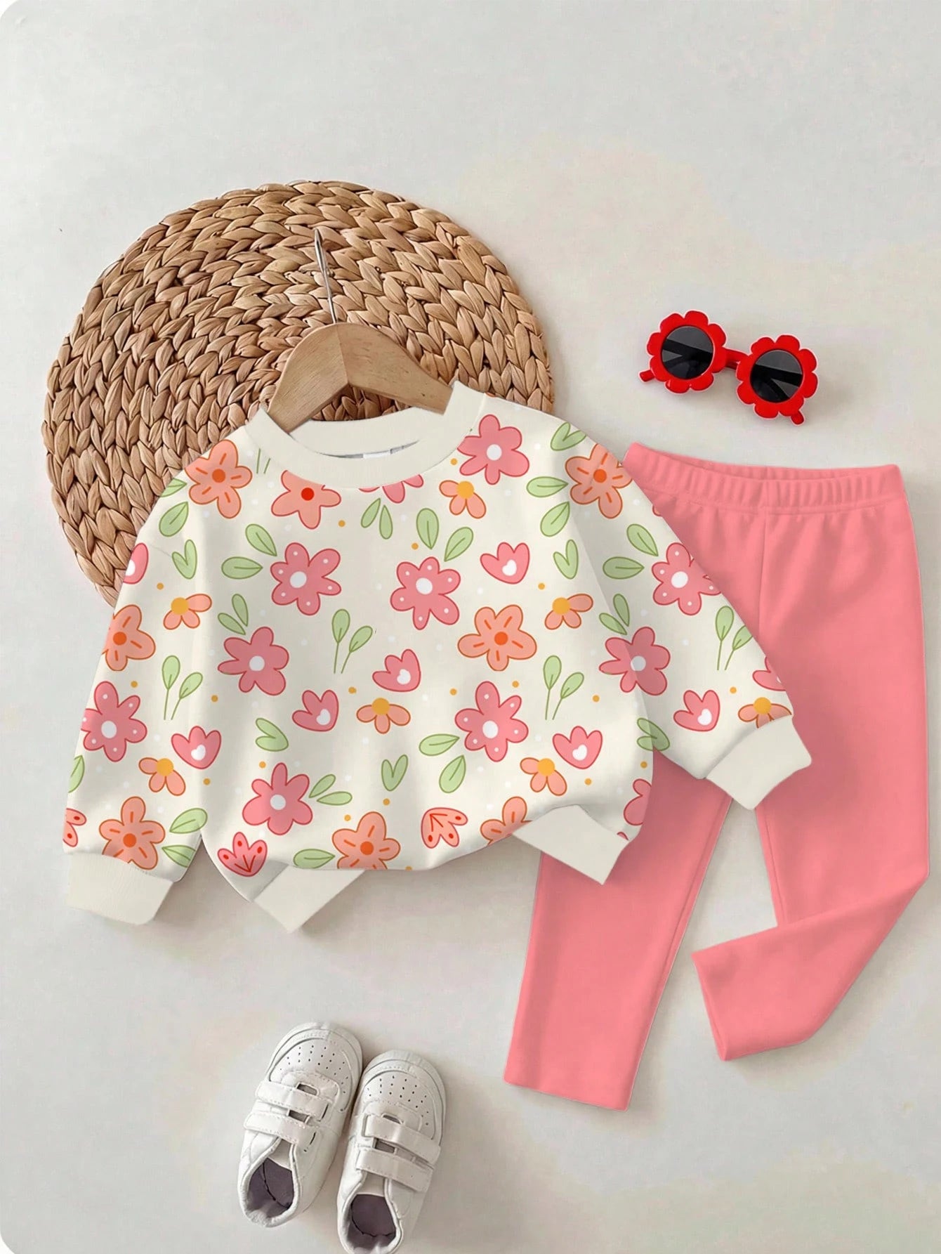 Baby Girl Casual Cute Pastoral Floral Pattern Crew Neck Sweatshirt & Elastic Waist Long Pants Set, Suitable For Autumn/Winter, Girls Outfit Sets, Vintage, Kawaii, Cozy Fall & Winter Styles