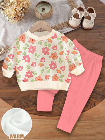 Baby Girl Casual Cute Pastoral Floral Pattern Crew Neck Sweatshirt & Elastic Waist Long Pants Set, Suitable For Autumn/Winter, Girls Outfit Sets, Vintage, Kawaii, Cozy Fall & Winter Styles