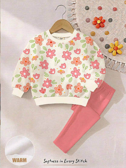 Baby Girl Casual Cute Pastoral Floral Pattern Crew Neck Sweatshirt & Elastic Waist Long Pants Set, Suitable For Autumn/Winter, Girls Outfit Sets, Vintage, Kawaii, Cozy Fall & Winter Styles