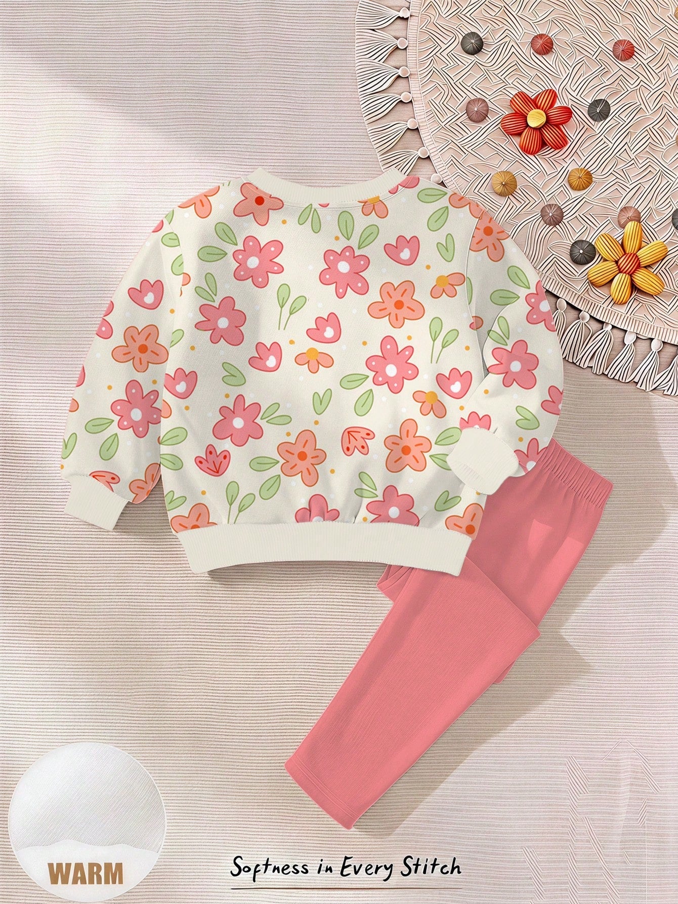 Baby Girl Casual Cute Pastoral Floral Pattern Crew Neck Sweatshirt & Elastic Waist Long Pants Set, Suitable For Autumn/Winter, Girls Outfit Sets, Vintage, Kawaii, Cozy Fall & Winter Styles