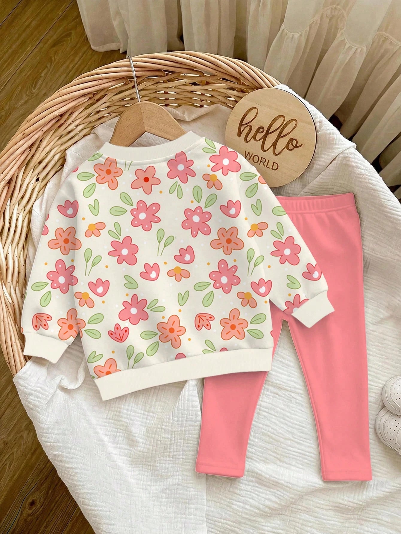 Baby Girl Casual Cute Pastoral Floral Pattern Crew Neck Sweatshirt & Elastic Waist Long Pants Set, Suitable For Autumn/Winter, Girls Outfit Sets, Vintage, Kawaii, Cozy Fall & Winter Styles