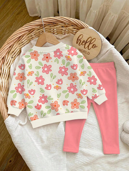Baby Girl Casual Cute Pastoral Floral Pattern Crew Neck Sweatshirt & Elastic Waist Long Pants Set, Suitable For Autumn/Winter, Girls Outfit Sets, Vintage, Kawaii, Cozy Fall & Winter Styles