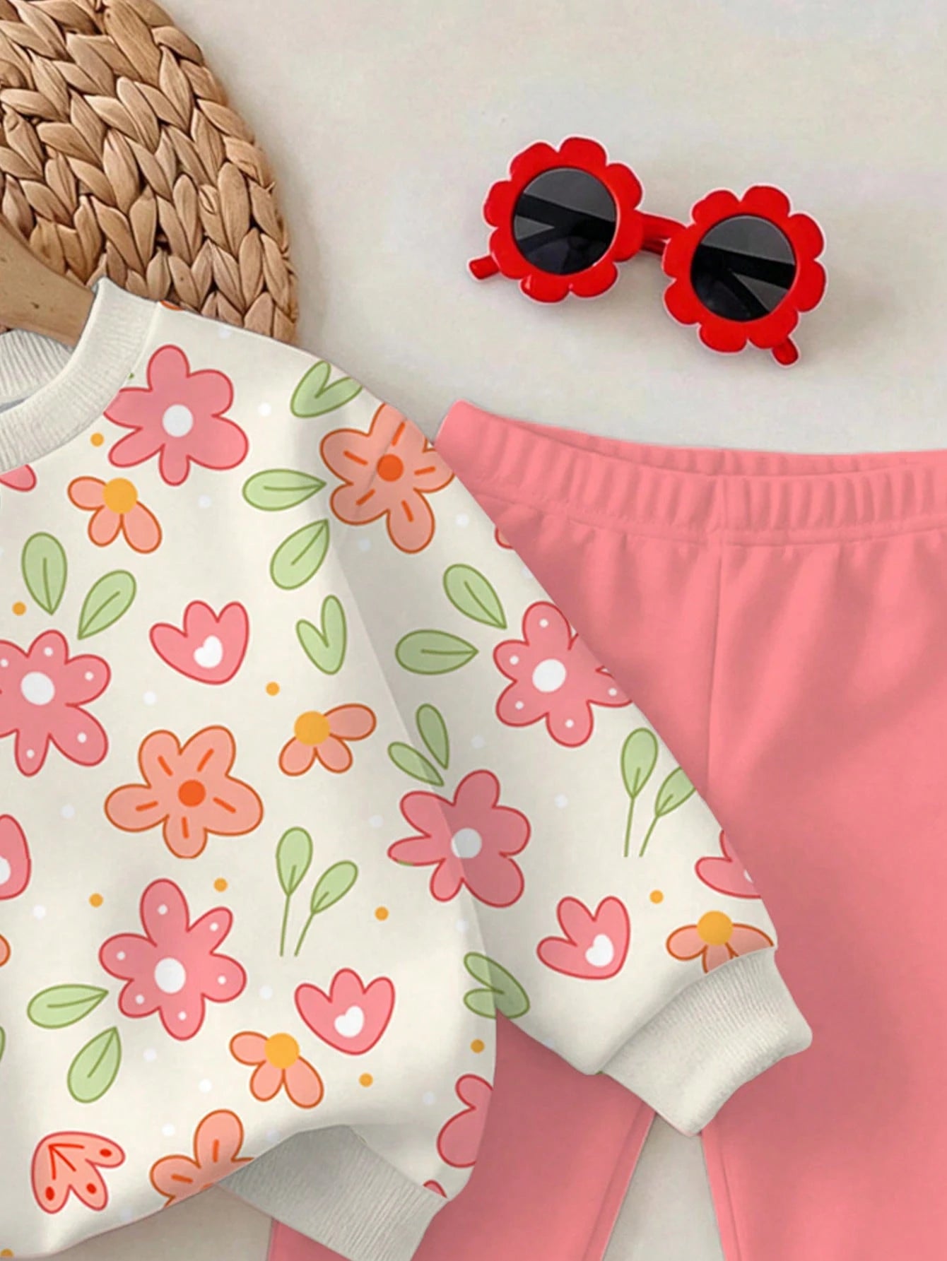 Baby Girl Casual Cute Pastoral Floral Pattern Crew Neck Sweatshirt & Elastic Waist Long Pants Set, Suitable For Autumn/Winter, Girls Outfit Sets, Vintage, Kawaii, Cozy Fall & Winter Styles