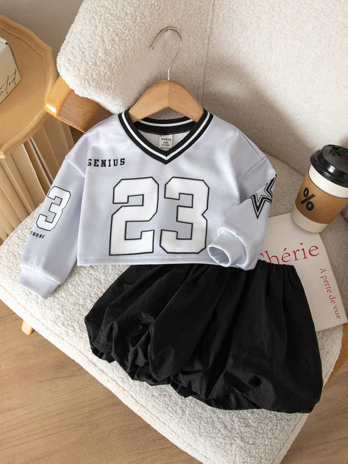 Baby Girl Knitted Number Pattern V-Neck Casual Sweatshirt & Woven Solid Color Skirt 2-Piece Set
