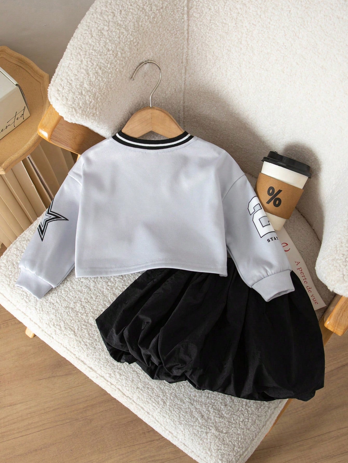 Baby Girl Knitted Number Pattern V-Neck Casual Sweatshirt & Woven Solid Color Skirt 2-Piece Set