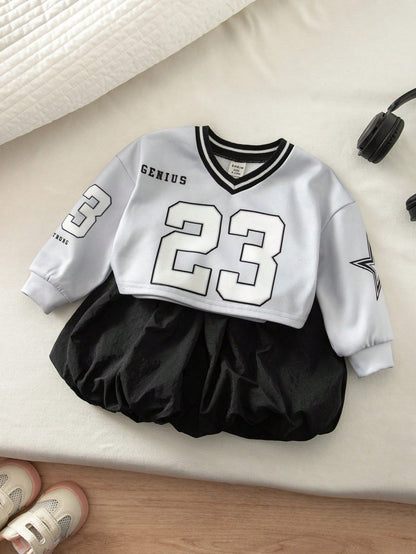 Baby Girl Knitted Number Pattern V-Neck Casual Sweatshirt & Woven Solid Color Skirt 2-Piece Set