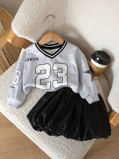 Baby Girl Knitted Number Pattern V-Neck Casual Sweatshirt & Woven Solid Color Skirt 2-Piece Set
