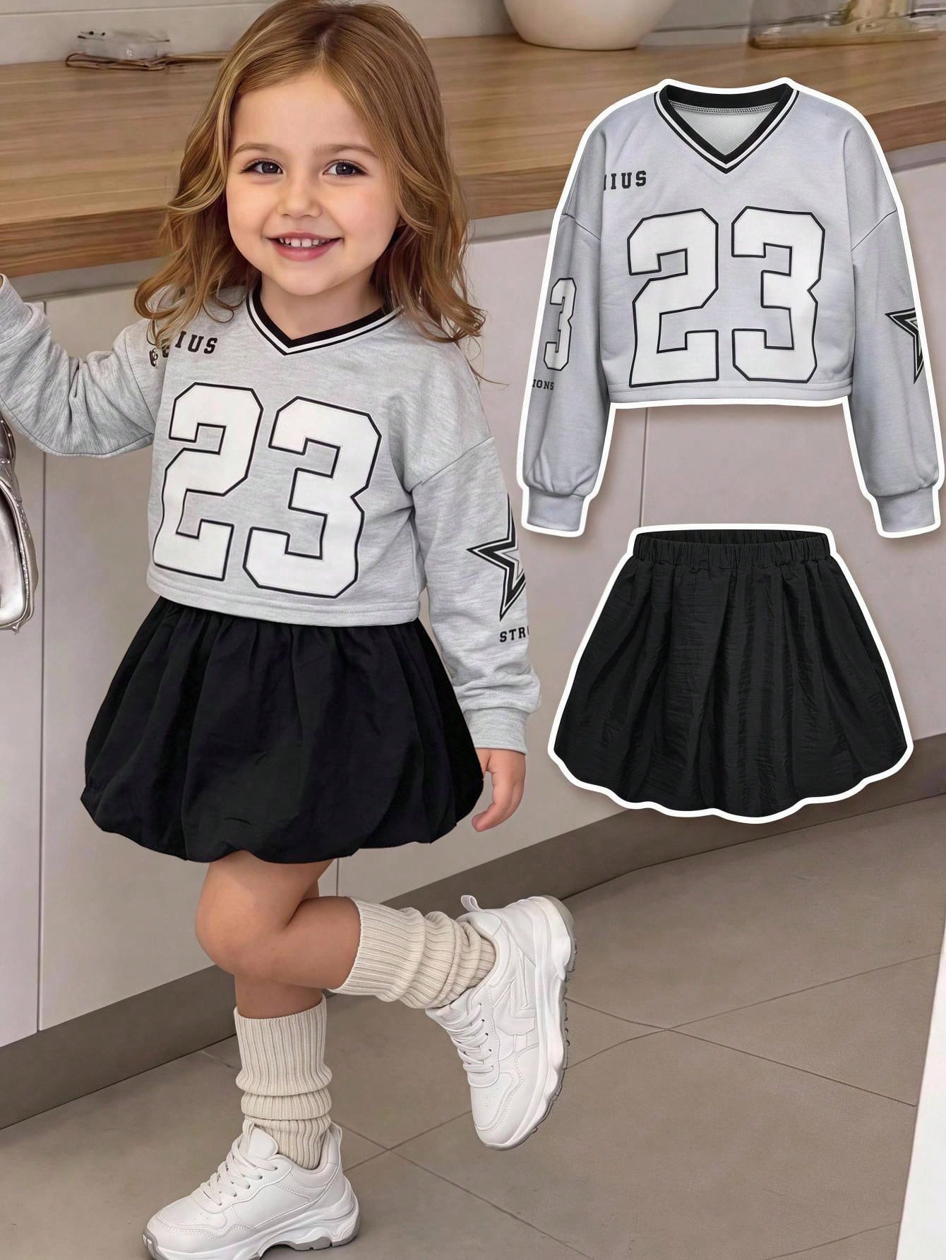 Baby Girl Knitted Number Pattern V-Neck Casual Sweatshirt & Woven Solid Color Skirt 2-Piece Set