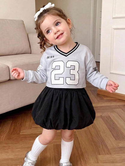 Baby Girl Knitted Number Pattern V-Neck Casual Sweatshirt & Woven Solid Color Skirt 2-Piece Set
