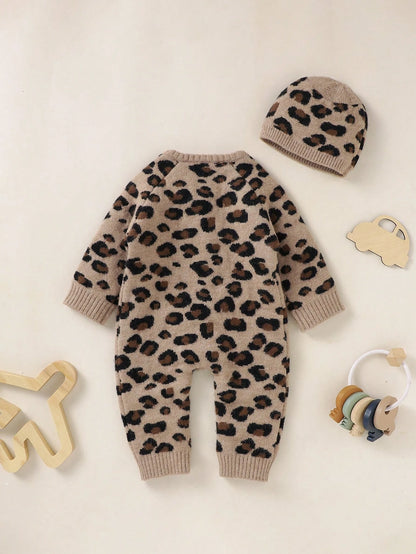 Baby Girl Leopard Pattern Knit Jumpsuit & Hat Baby Knit Jumpsuit Newborn Come Home Outfit Baby Sweater Romper Neutral Baby Clothes Fall Baby Clothes