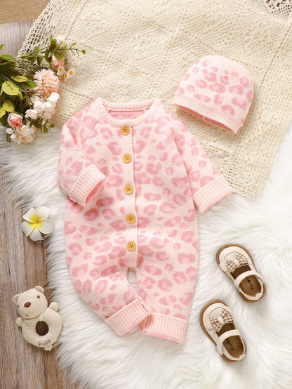 Baby Girl Leopard Pattern Knit Jumpsuit & Hat Baby Knit Jumpsuit Newborn Come Home Outfit Baby Sweater Romper Neutral Baby Clothes Fall Baby Clothes