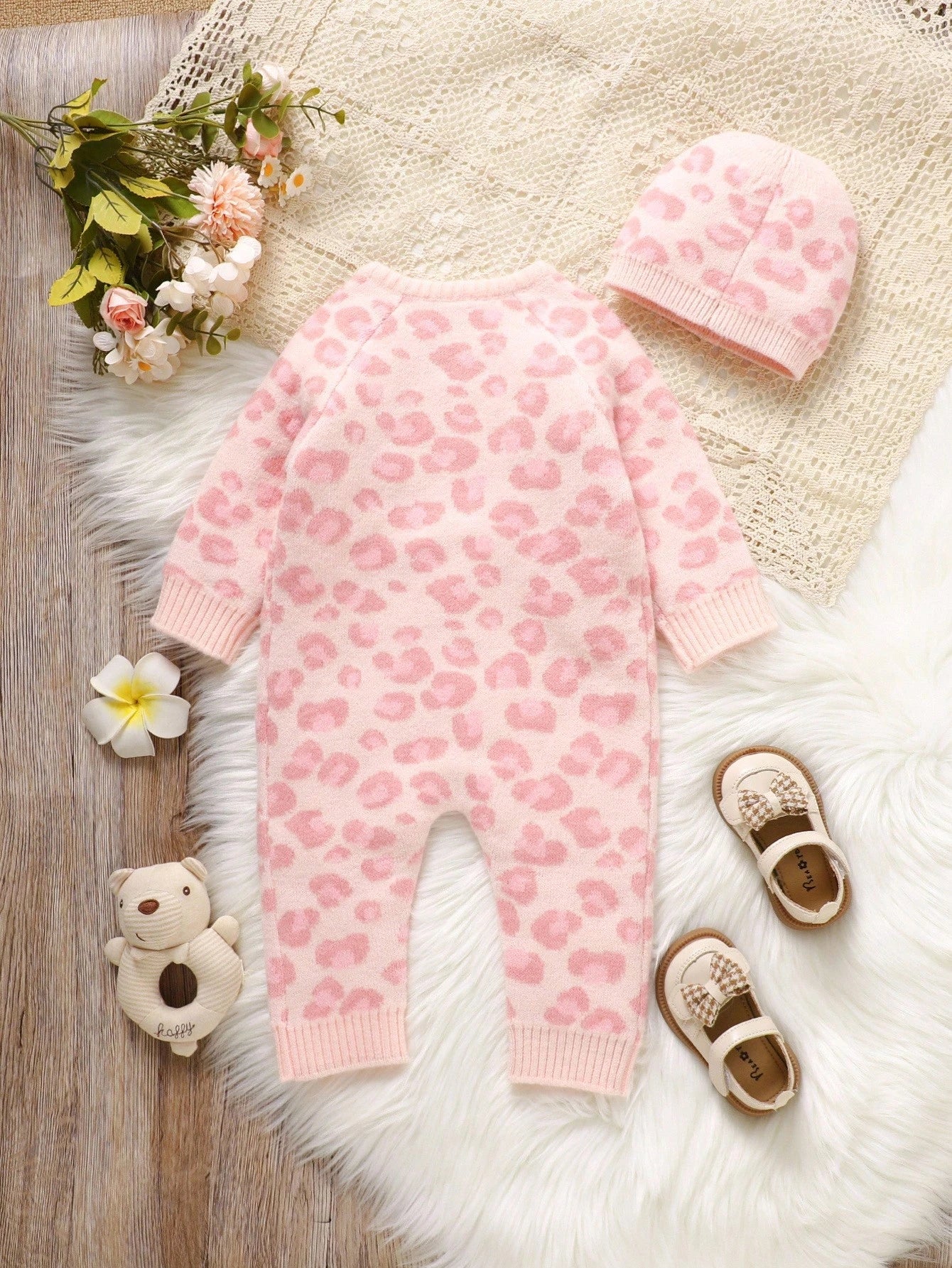 Baby Girl Leopard Pattern Knit Jumpsuit & Hat Baby Knit Jumpsuit Newborn Come Home Outfit Baby Sweater Romper Neutral Baby Clothes Fall Baby Clothes