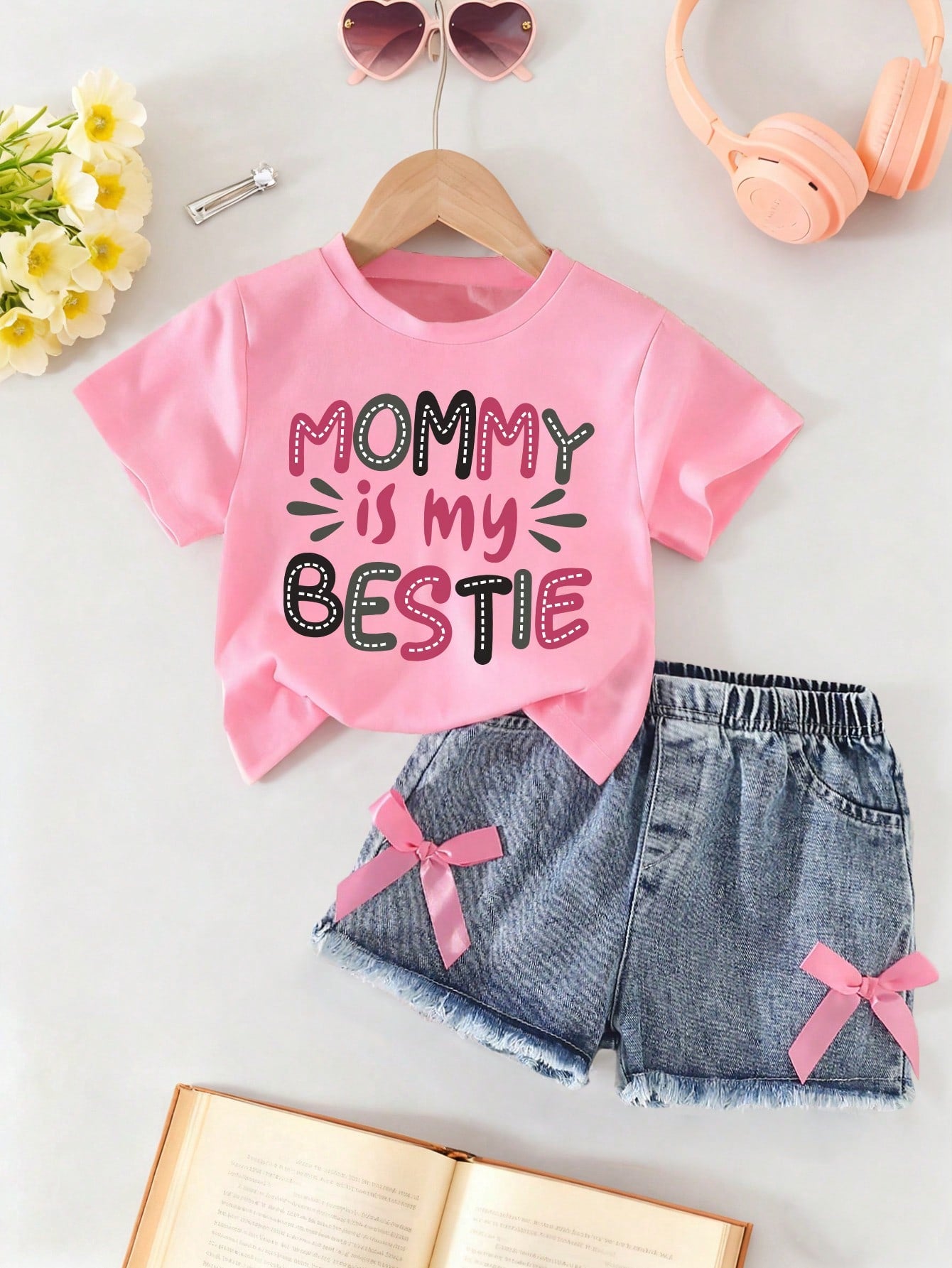 Baby Girl Letter Print Short Sleeve Top And Solid Color Denim Shorts, Summer Style