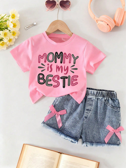 Baby Girl Letter Print Short Sleeve Top And Solid Color Denim Shorts, Summer Style