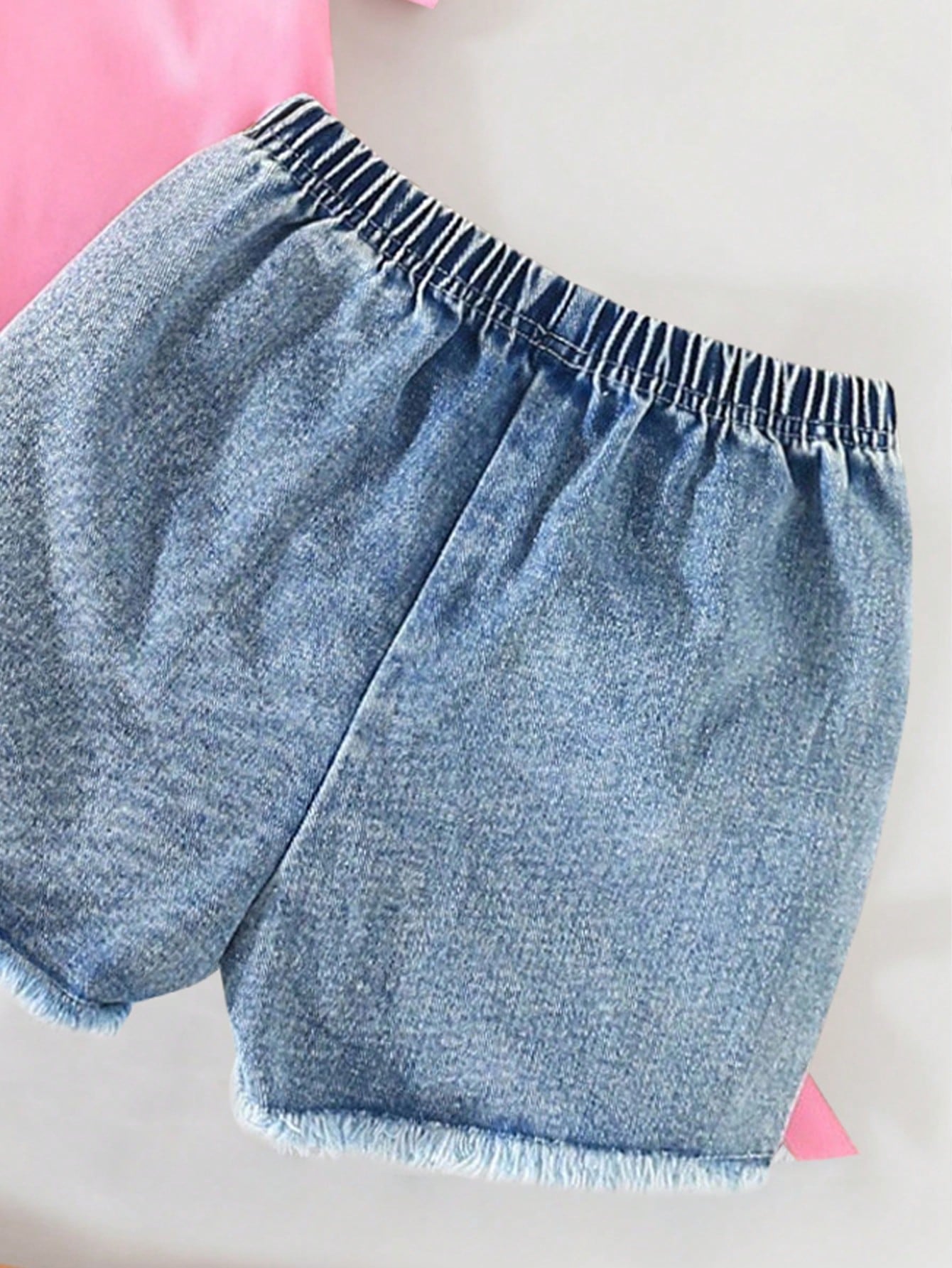 Baby Girl Letter Print Short Sleeve Top And Solid Color Denim Shorts, Summer Style