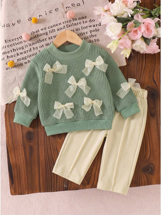 Baby Girl Round Neck Bow Decor Long Sleeve T-Shirt And Long Pants Casual Daily Outfit