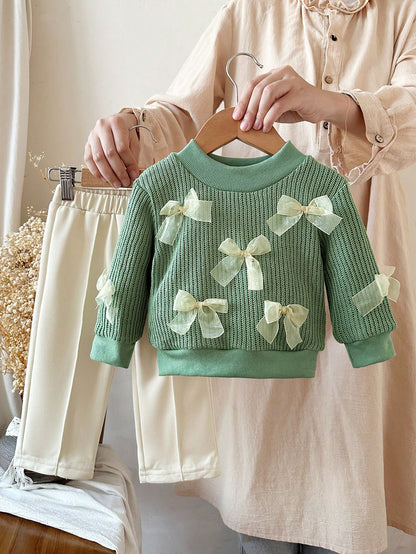 Baby Girl Round Neck Bow Decor Long Sleeve T-Shirt And Long Pants Casual Daily Outfit