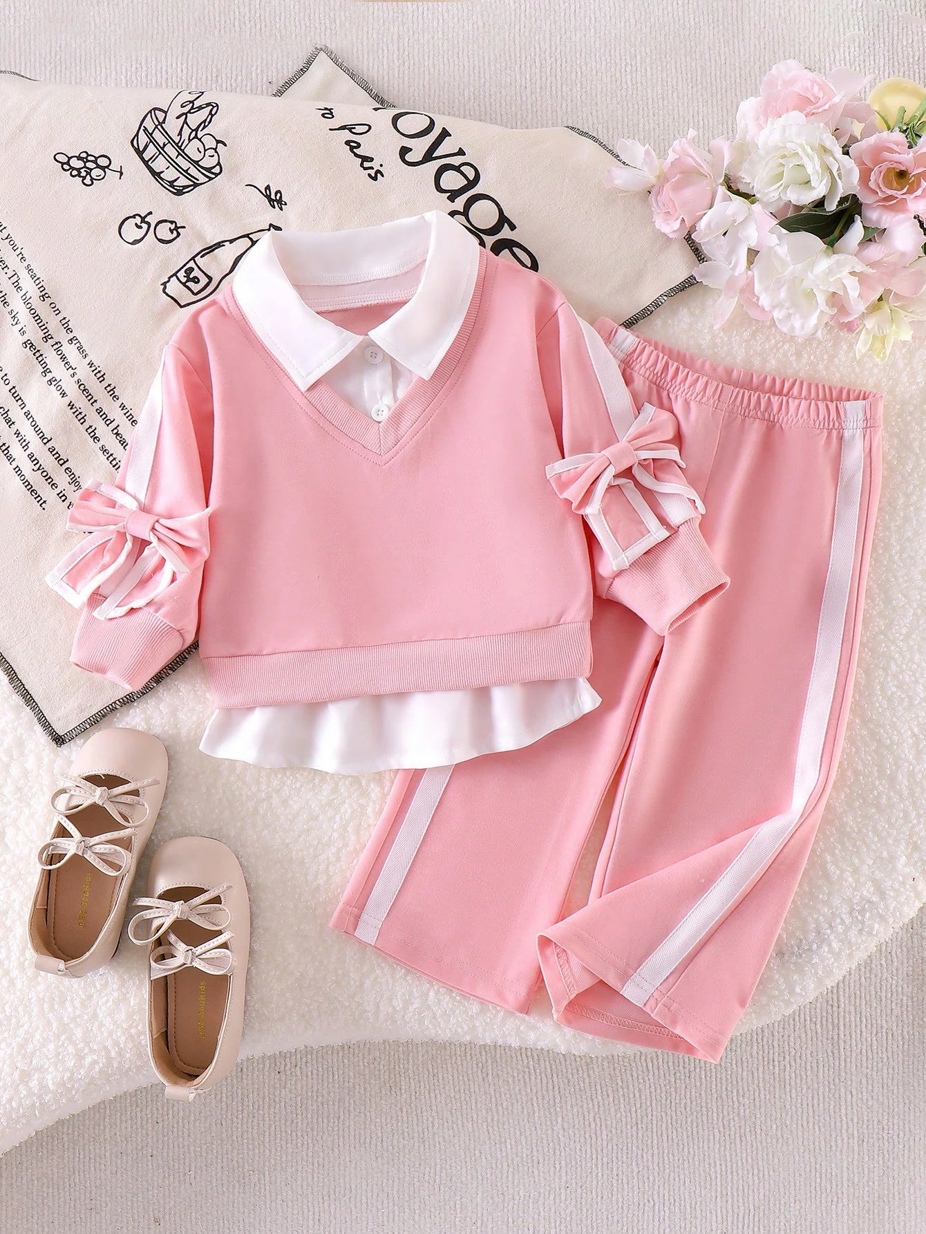 Baby Girl Spring/Autumn Preppy Style Sweatshirt Set, Pink 2 In 1 Collar Top + Matching Side White Stripe Flared Pants 2pcs Set, 3D Bow Decor On Cuffs, Fresh Youthful Style, Skin-Friendly Soft Fabric