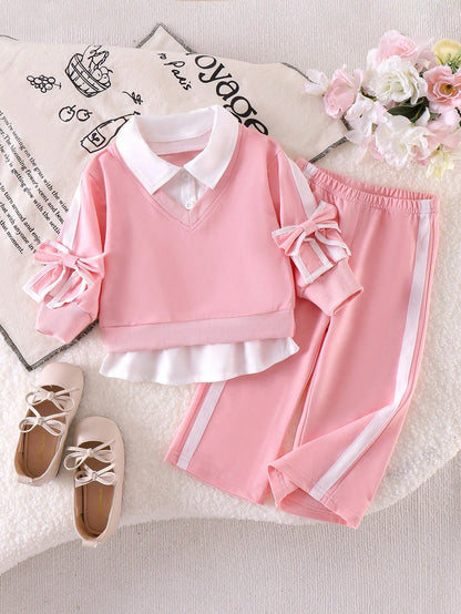 Baby Girl Spring/Autumn Preppy Style Sweatshirt Set, Pink 2 In 1 Collar Top + Matching Side White Stripe Flared Pants 2pcs Set, 3D Bow Decor On Cuffs, Fresh Youthful Style, Skin-Friendly Soft Fabric