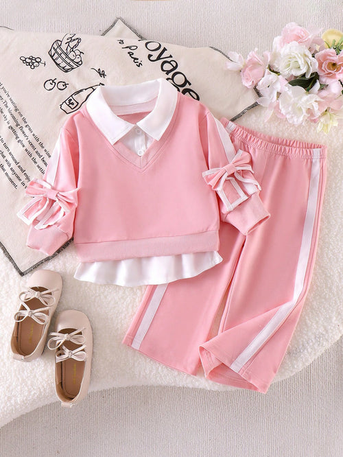Baby Girl Spring/Autumn Preppy Style Sweatshirt Set, Pink 2 In 1 Collar Top + Matching Side White Stripe Flared Pants 2pcs Set, 3D Bow Decor On Cuffs, Fresh Youthful Style, Skin-Friendly Soft Fabric