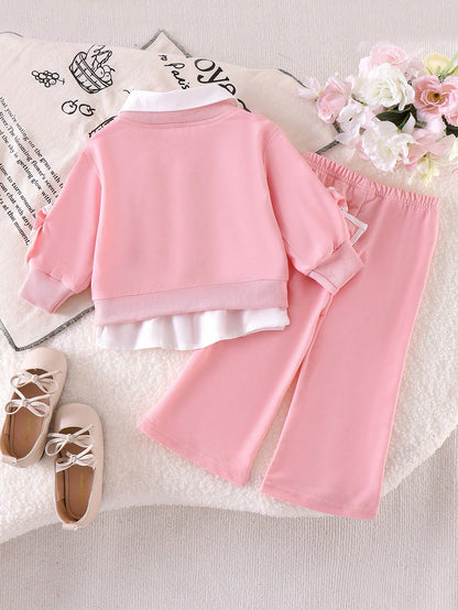 Baby Girl Spring/Autumn Preppy Style Sweatshirt Set, Pink 2 In 1 Collar Top + Matching Side White Stripe Flared Pants 2pcs Set, 3D Bow Decor On Cuffs, Fresh Youthful Style, Skin-Friendly Soft Fabric